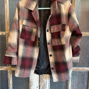 HALARA Plaid Jacket in Burgundy and Cream